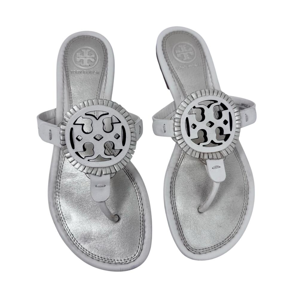 TORY BURCH Metallic Gold Cream Fringe Miller Logo Sandals Flip Flops Size 6.5 - Picture 3 of 12